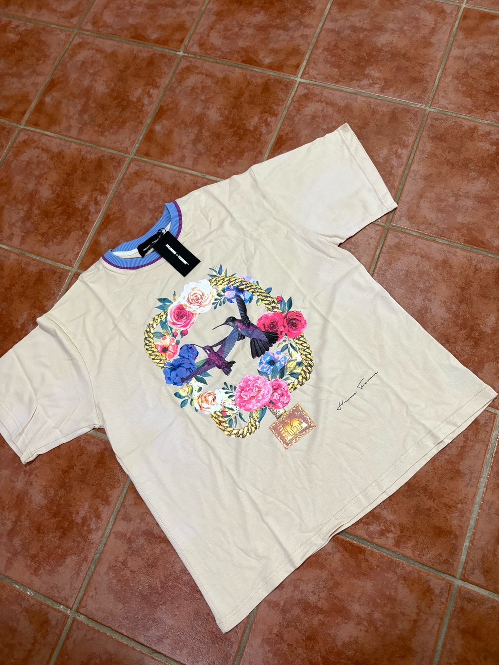 Homme + Femme Hummingbird Floral Chain Tee XL Ringer T-Shirt Streetwear NWT
